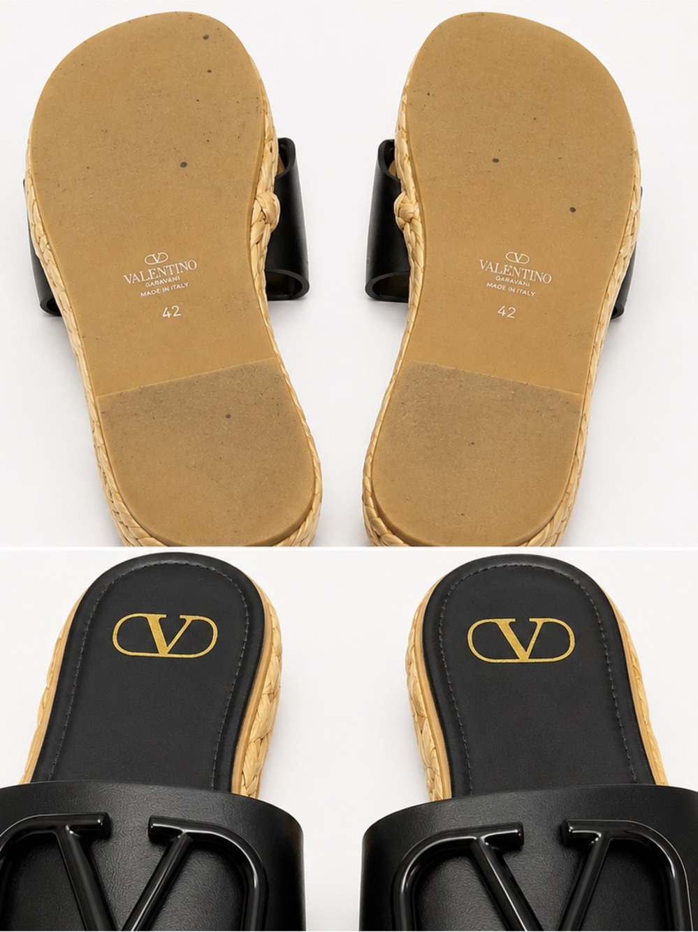 Valentino Garavani Black Leather and Raffia Platform Slides - Picture 5 of 5
